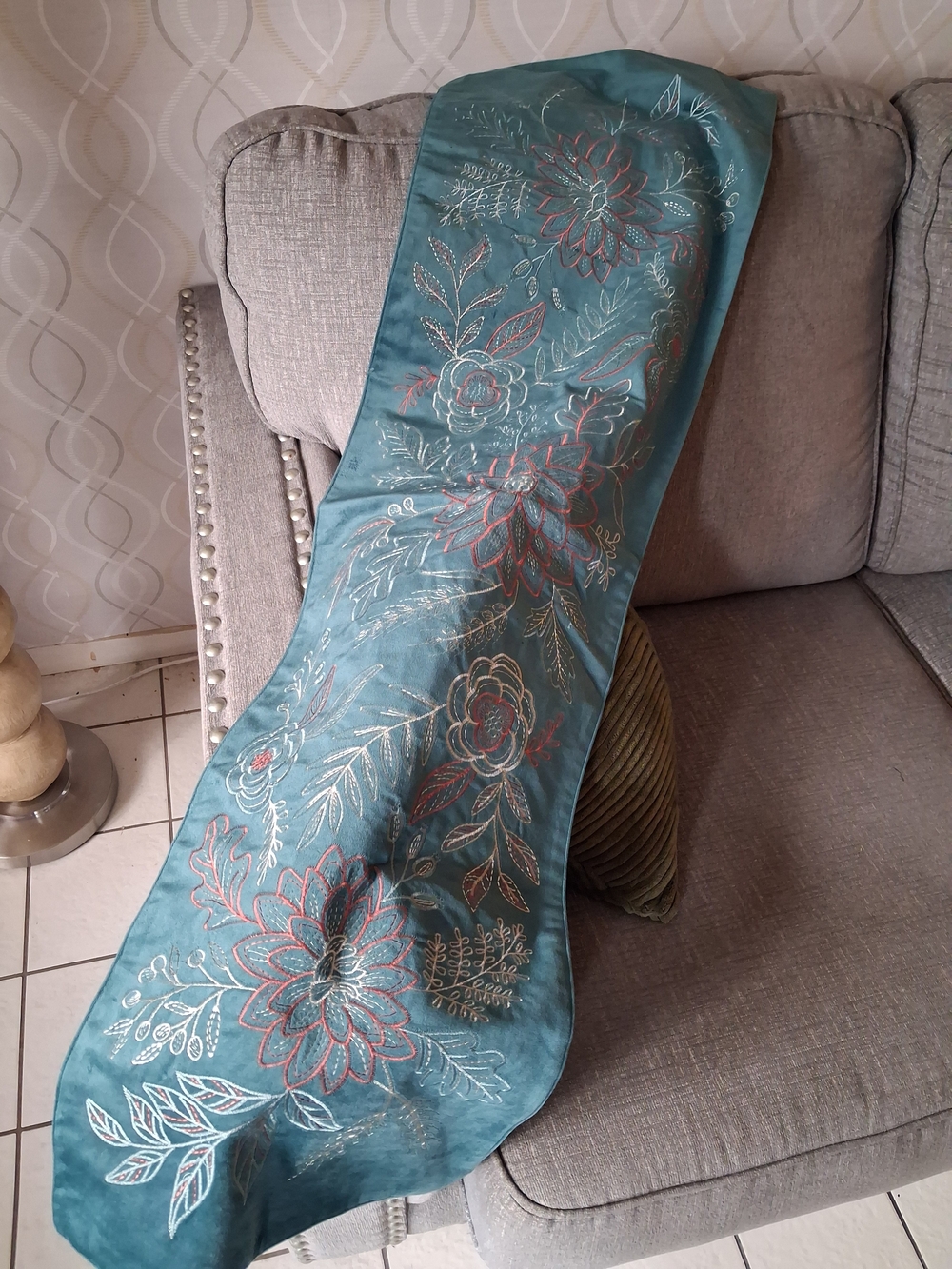 Teal Floral Embroidered Table Runner